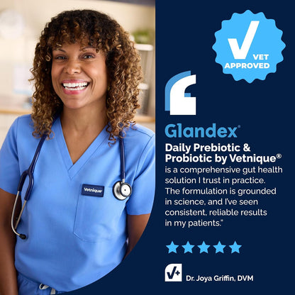 Vetnique Glandex Dog Probiotic Chews, Daily Probiotics for Dogs 5 Strains, Prebiotics & Digestive Enzymes for Gut and Immune Health, Vet Formulated for Occasional Diarrhoea (120ct Chews)