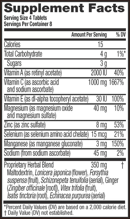 Airborne 1000mg Vitamin C Chewable Tablets with Zinc, Immune Support Supplement with Powerful Antioxidants Vitamins A C & E - 32 Chewable Tablets, Citrus Flavour
