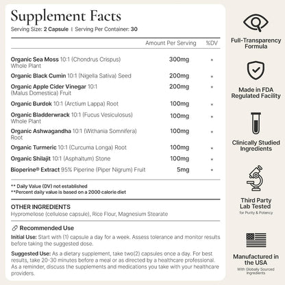 Restore Organic Sea Moss Mineral Complex – Daily Mineral Support with Black Seed Oil, Bladderwrack, Burdock, Ashwagandha, Turmeric, Apple Cider Vinegar & Shilajit – BioPerine® Enhanced Absorption (60 Capsules)