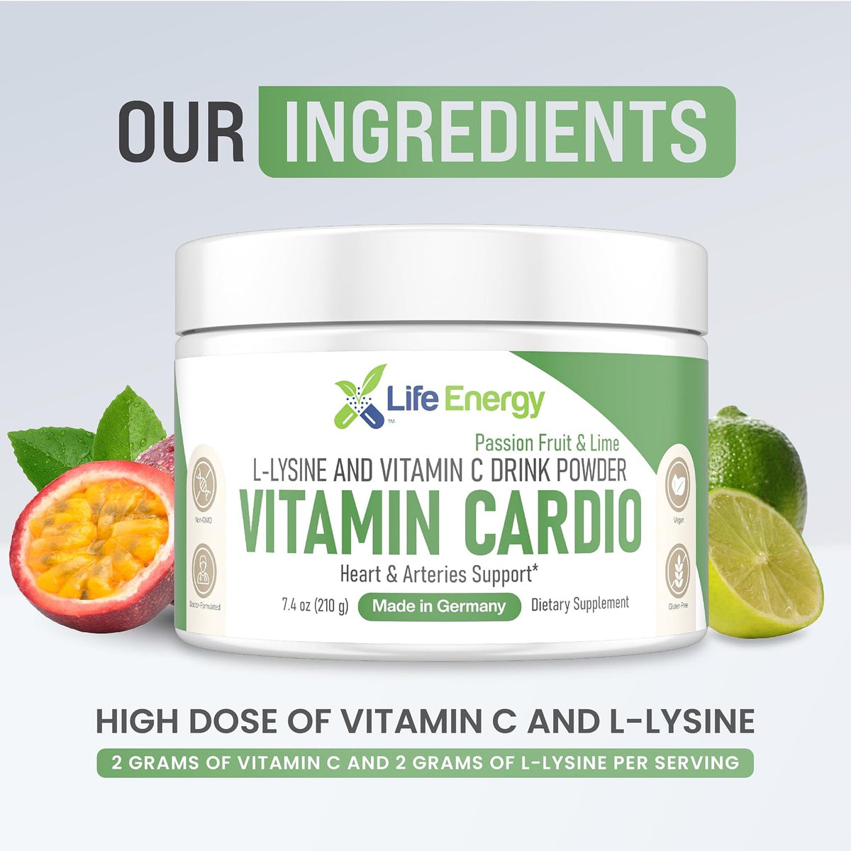 Life Energy High-Dose Vitamin C & L-Lysine Drink Mix - Passion Fruit & Lime, 210g - görsel 4