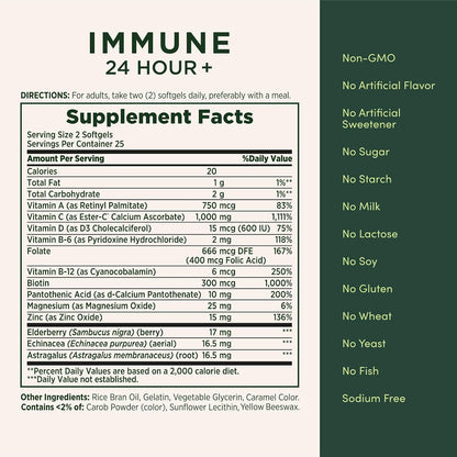 Nature's Bounty Immune 24 Hour +, Ester-C 1000 mg with Vitamin D & Zinc, Rapid Release Softgels, 50 Count