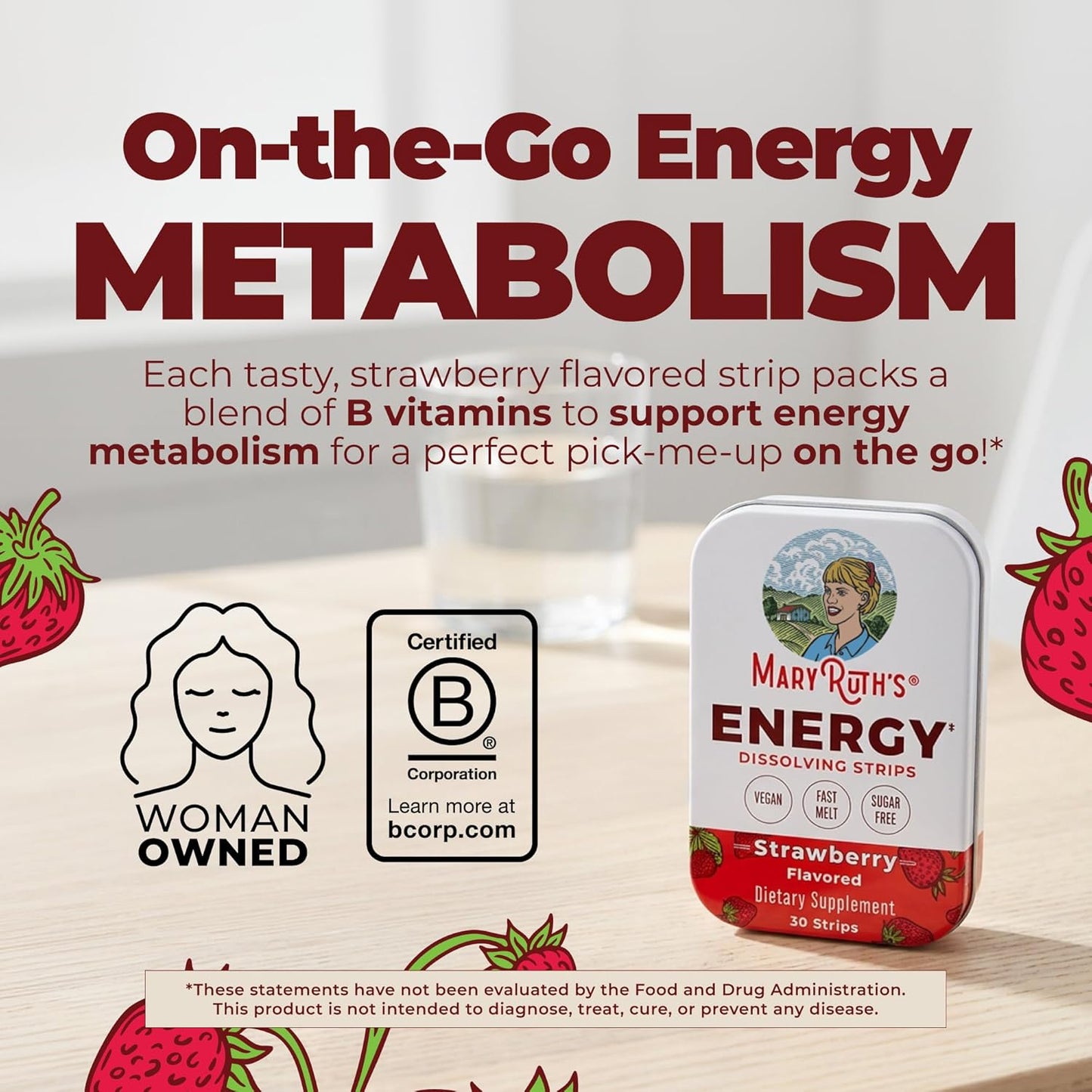 MaryRuth's Energy Dissolving Strips - B Vitamin Complex for Normal Energy Metabolism, Strawberry, 30 Strips - görsel 2