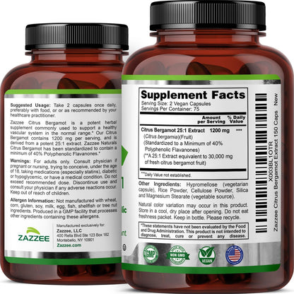 Zazzee Citrus Bergamot 25:1 Extract - High-strength, 40% Polyphenolic Flavanones, 150 Vegan Capsules