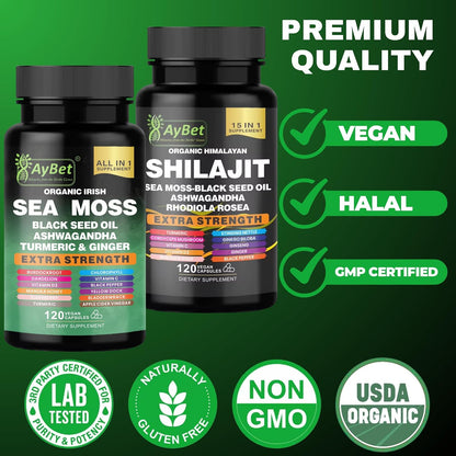 AyBet Sea Moss & Shilajit Supplement Combo – Herbal Formula with Black Seed Oil, Ashwagandha, Rhodiola, Turmeric, Ginger – 240 Vegan Capsules