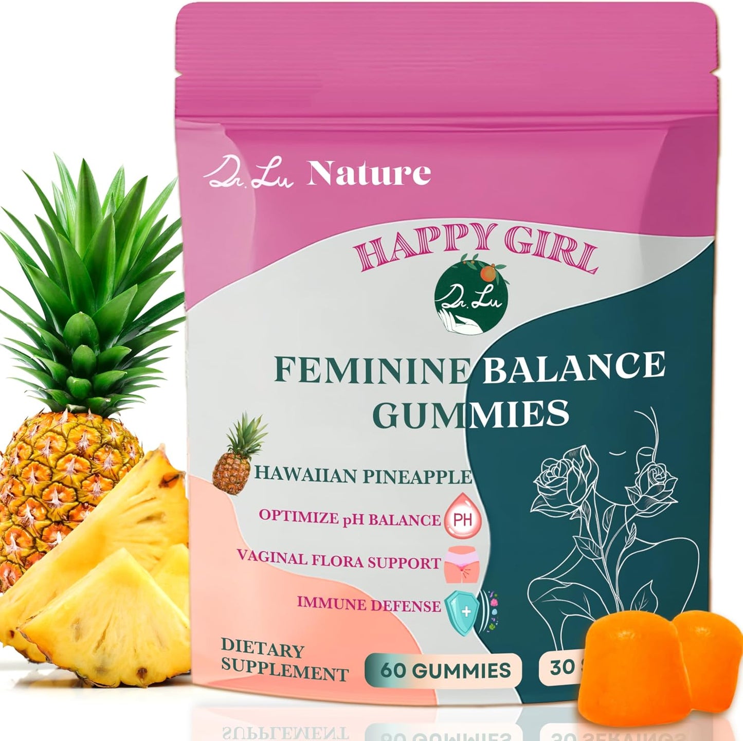 Dr. Lu Happy Girl Feminine Balance Gummies – Pineapple Gummies for Women pH Balance with Probiotics & Immune Support, Sugar-Free, Vegan – 60 Count - görsel 1
