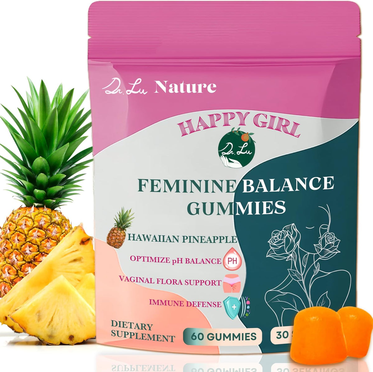 Dr. Lu Happy Girl Feminine Balance Gummies – Pineapple Gummies for Women pH Balance with Probiotics & Immune Support, Sugar-Free, Vegan – 60 Count - görsel 1