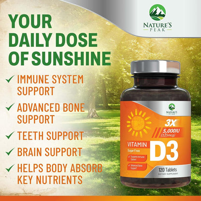 Nature's Peak Vitamin D3 5000 IU (125 mcg) Chewable Tablets – Raspberry Flavour, 120 Tablets