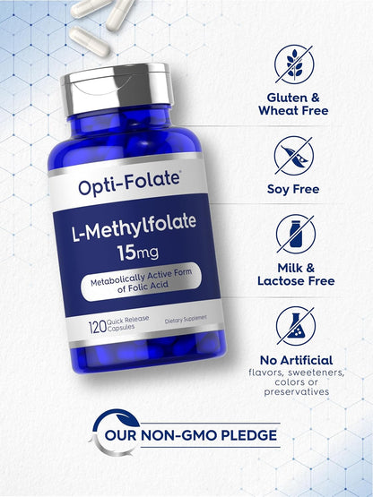 Carlyle L Methylfolate 15mg | 120 Capsules | Value Size | High Strength | Active Folate (5-MTHF) | Non-GMO, Gluten-free Supplement | by Opti-Folate