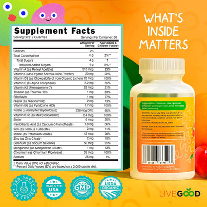 LIVEGOOD Organic Children’s Multivitamin Gummies – Kids Multivitamin with Vitamin D for Immune Support, Growth & Energy (60 Gummies)