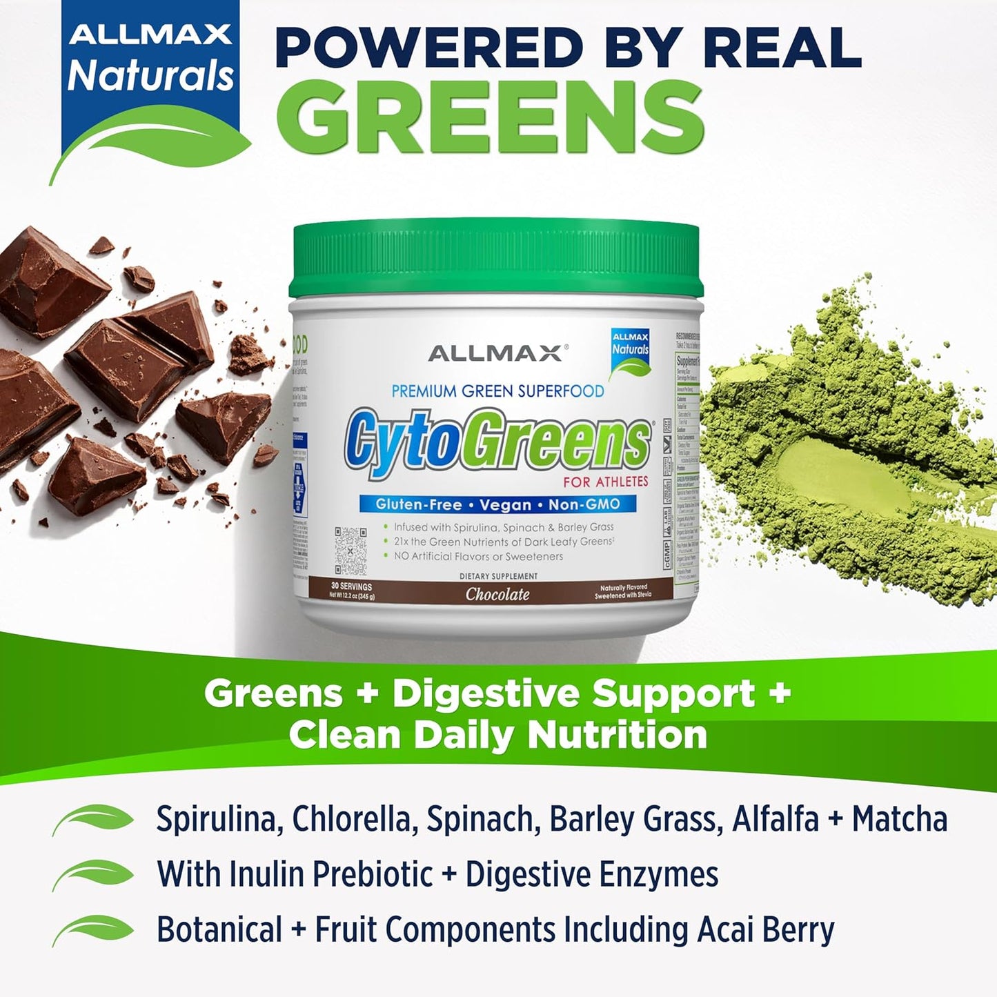 ALLMAX CytoGreens Super Greens Powder, Acai Berry Green Tea, 30 Servings - görsel 2