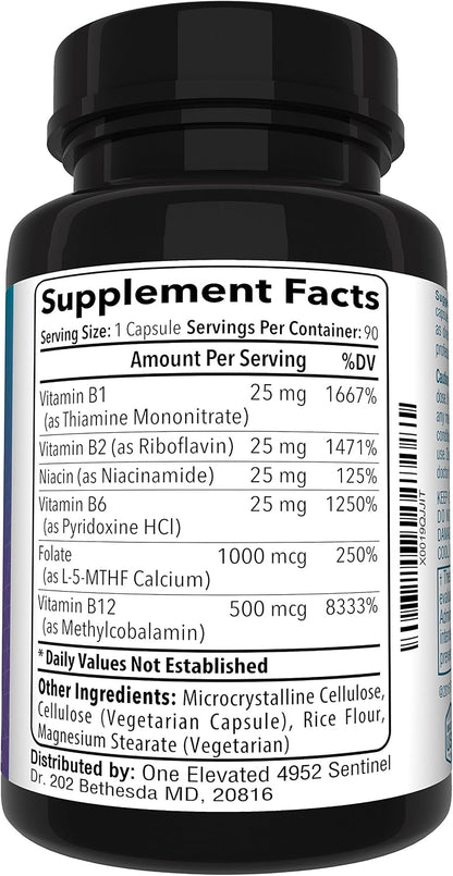 One Elevated Double Strength Methyl Folate with B12, B6, B2, B1, and Niacin - 90 Capsules (3-Month Supply)