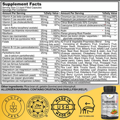 Bariatric Multivitamin with Iron - 42 Superfood Blend for Energy & Immune Support - Post-Surgery Recovery - Liquid Capsules (60 Count)