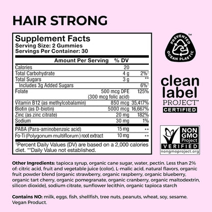 HUM Hair Strong Hair Support Gummies with Biotin, Zinc, Vitamin B12, Folic Acid - 60 Gummies