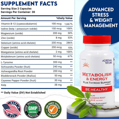Adrenal Support Supplement - Organic Ashwagandha Capsules for Stress Relief, Calm Energy and Focus - Adaptogen Blend with Rhodiola and Holy Basil - Men and Women - 60 Capsules