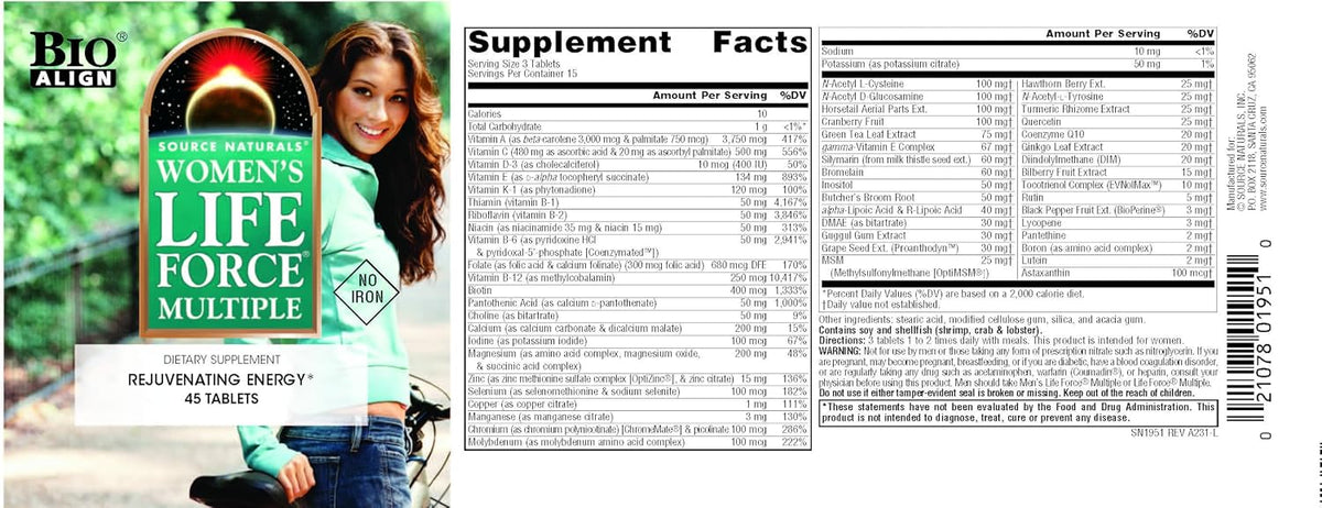 Source Naturals Women's Life Force Multiple Iron Free – Daily Multivitamin with 13 Vitamins & Minerals – 45 Tablets - görsel 4