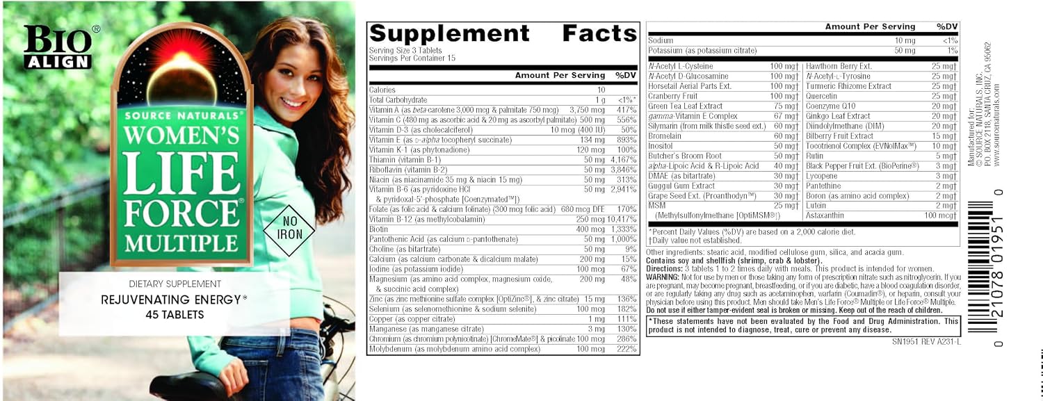 Source Naturals Women's Life Force Multiple Iron Free – Daily Multivitamin with 13 Vitamins & Minerals – 45 Tablets - görsel 4