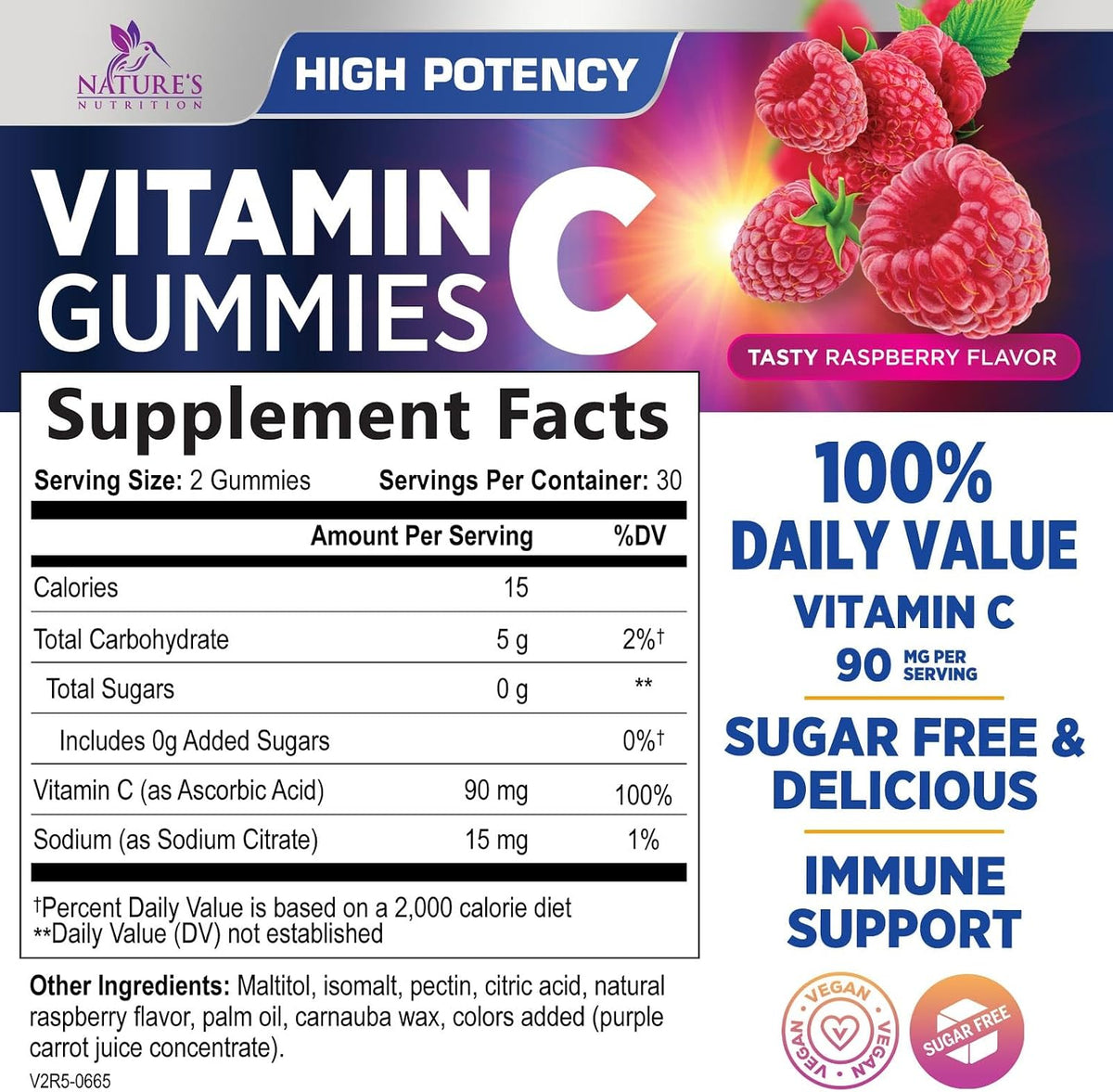 Zero Sugar Vitamin C Gummies – Immune Support & Antioxidant Supplement – Vegan, Non-GMO, Gluten-Free – Raspberry Flavour (60 Count) - görsel 2