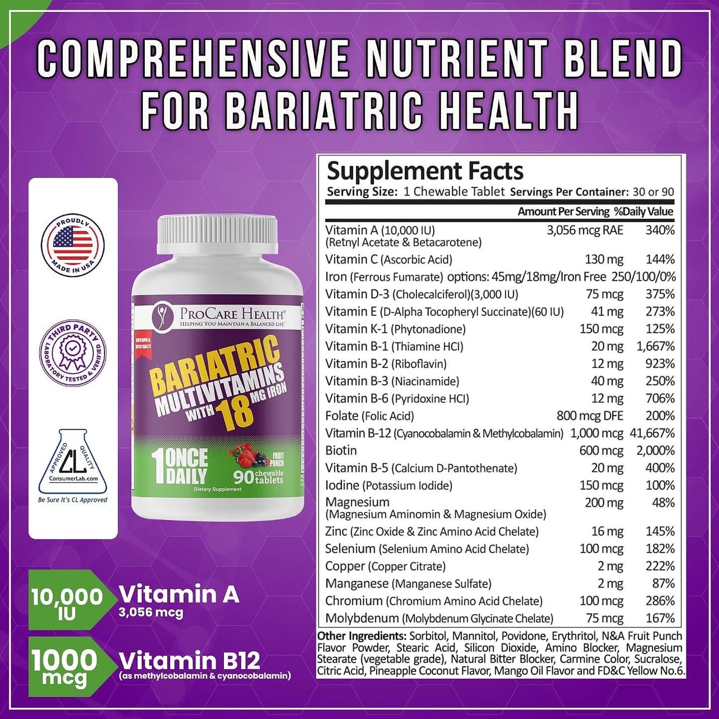 ProCare Health Bariatric Chewable Multivitamin with Iron 18mg - Fruit Punch - 90 Tablets (3 Month Supply) - görsel 3