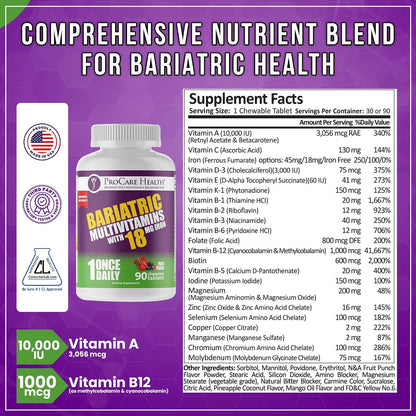 ProCare Health Bariatric Chewable Multivitamin with Iron 18mg - Fruit Punch - 90 Tablets (3 Month Supply)