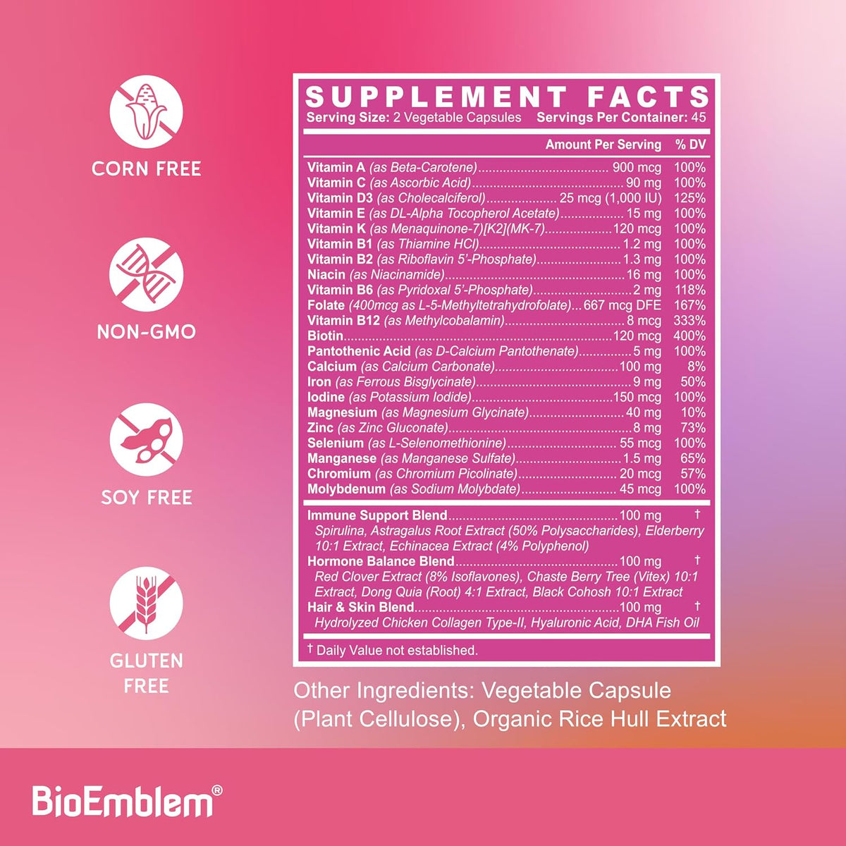 BioEmblem Women's Multivitamin - Complete Daily Multi for Immunity, Energy, Hair and Skin with Vitamin A, B12, B6, D3, Biotin, Iron, Magnesium, Collagen and Veggie Blends - Gluten-free - 90 Capsules - görsel 5