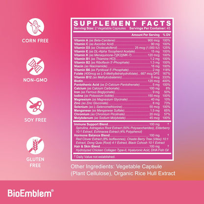 BioEmblem Women's Multivitamin - Complete Daily Multi for Immunity, Energy, Hair and Skin with Vitamin A, B12, B6, D3, Biotin, Iron, Magnesium, Collagen and Veggie Blends - Gluten-free - 90 Capsules