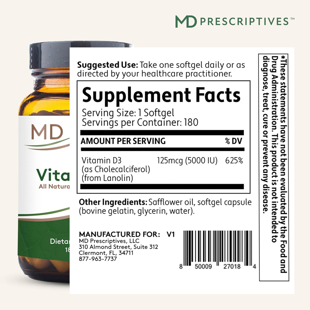 MD Prescriptives Vitamin D3 5000 IU, 180 Soft gel capsules - görsel 2
