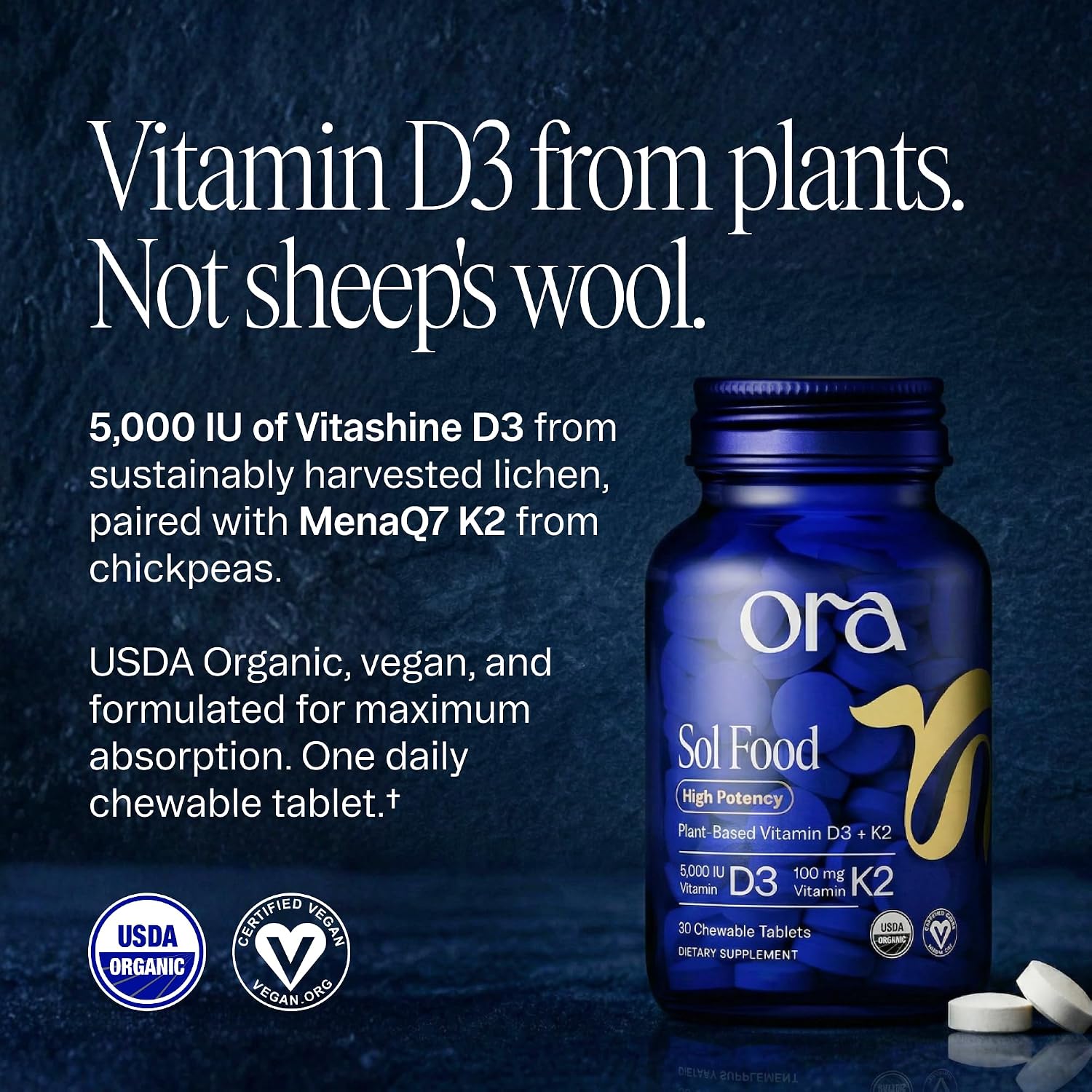 Ora Organic Vitamin D3 5000IU + K2 - Vegan Chewable Tablets (30 Count) - görsel 3