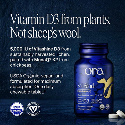 Ora Organic Vitamin D3 5000IU + K2 - Vegan Chewable Tablets (30 Count)