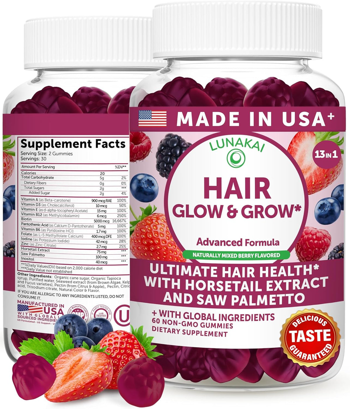Lunakai USA-made Super Hair Gummies with Biotin, Zinc, Horsetail Extract & Saw Palmetto – Hair Growth Vitamins for Women & Men, 60 Gummies - görsel 1