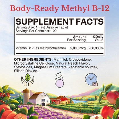 Vitalitown Vitamin B12 (Methyl B12) 5000 mcg, Fully Bioactive Form, Supports Energy Production, Natural Peach Flavour, Zero Sugar, 120 Fast Dissolve Tablets