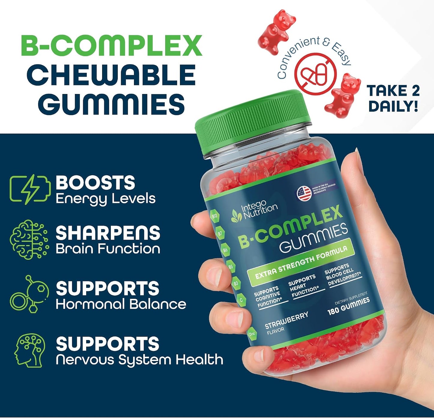 INTEGO NUTRITION Vitamin B Complex Gummies for Adults, Strawberry, 180 Gummies - görsel 4