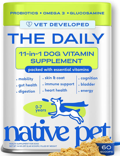 Native Pet The Daily Dog Vitamins & Supplements – 11-in-1 Multivitamin Powder for Dogs – Supports Whole Body Health, Digestion, Joint Mobility & Immunity with Collagen, Glucosamine & Probiotics – 60 Scoops