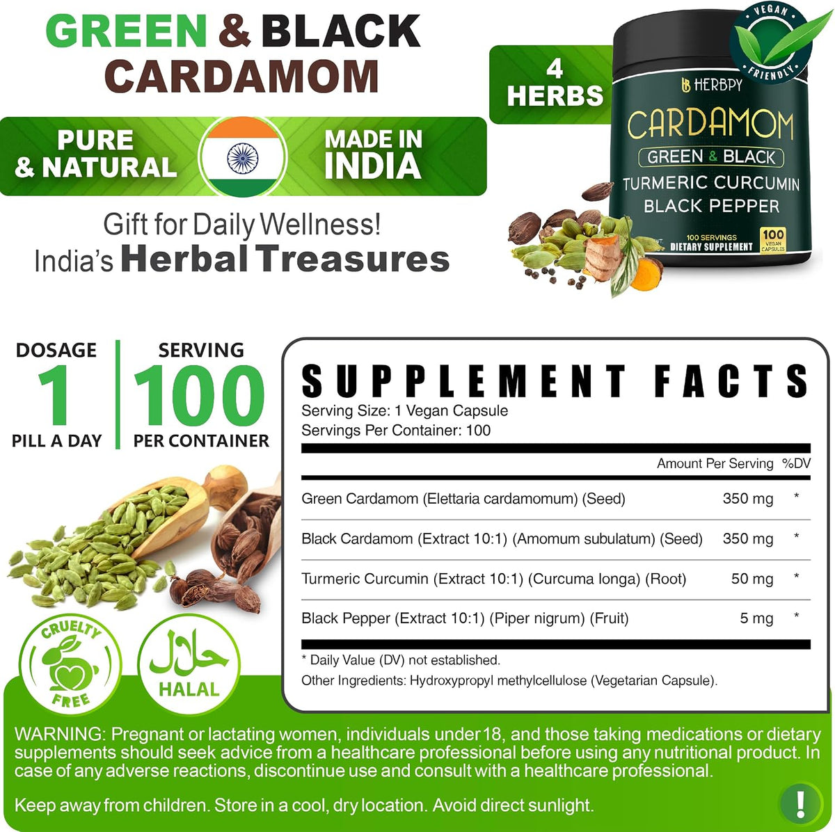 Herbpy 4-in-1 Cardamom Supplement - Green & Black Cardamom Seeds with Turmeric & Black Pepper – Digestive Health & Natural Wellness, 100 Vegan Capsules - görsel 6