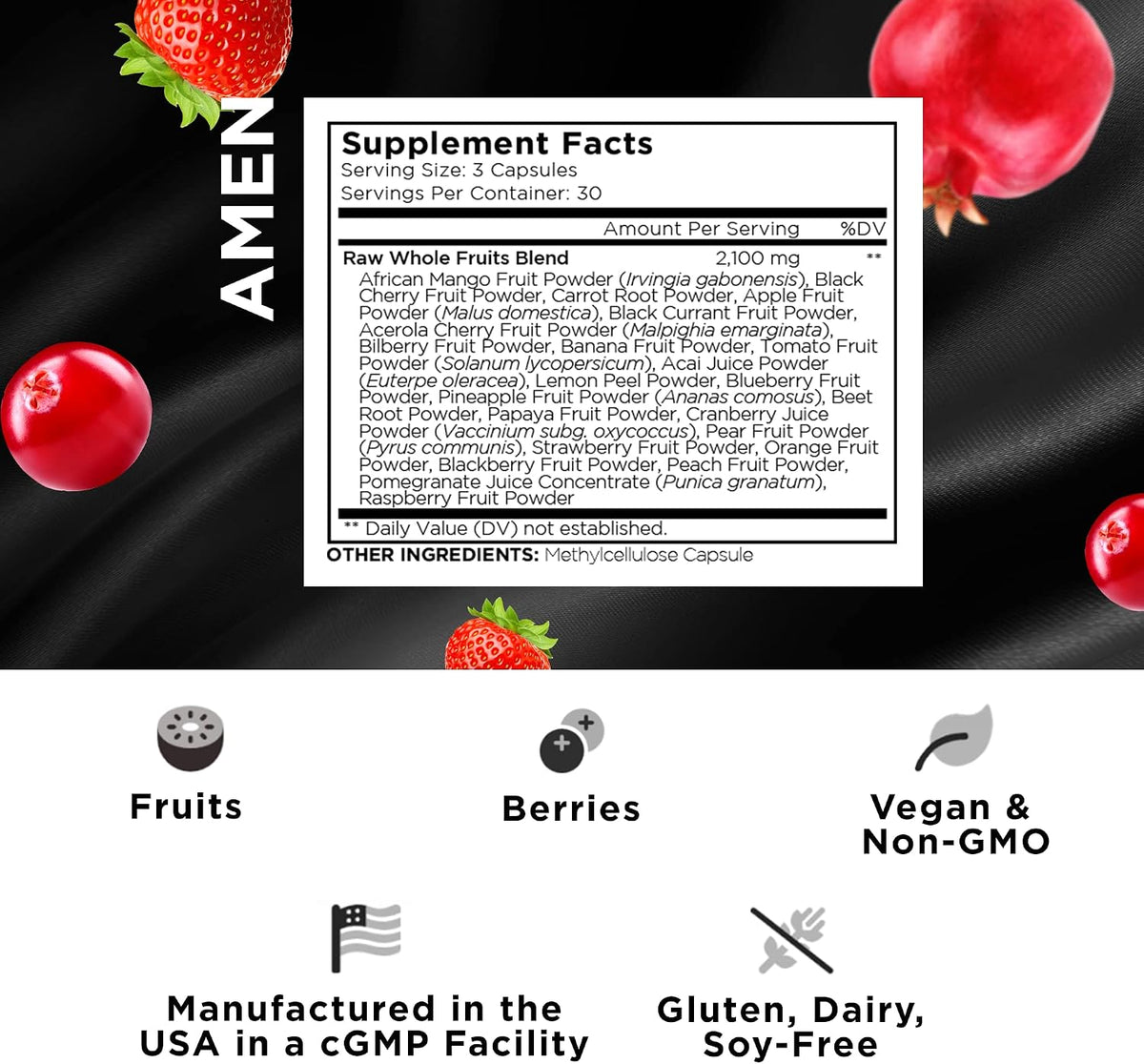 Amen Fruits, Daily Fruits Vitamins Supplement - Over 20 Whole Fruit Extracts - Non-GMO - 90 Capsules - görsel 2