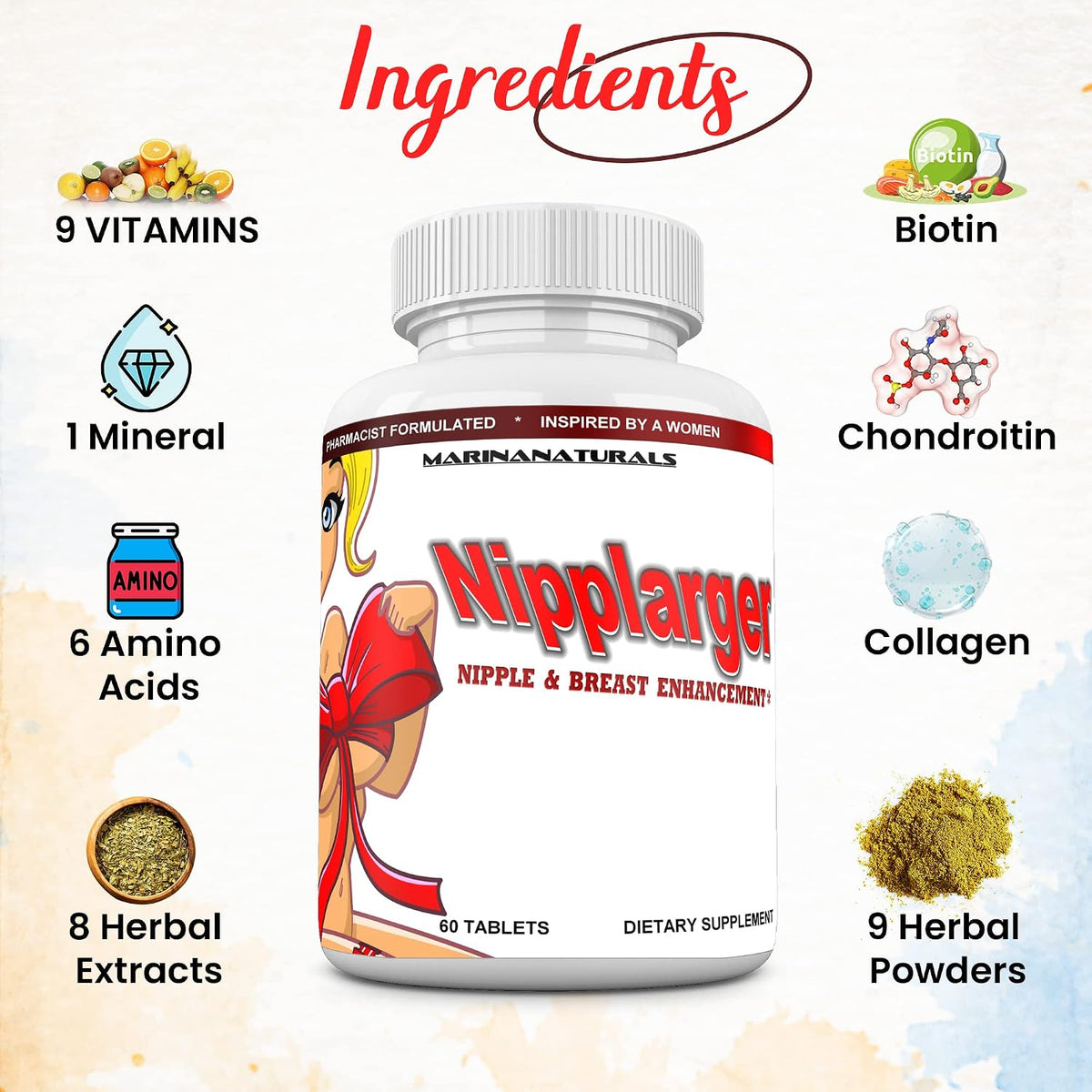 MARINANATURALS NIPPLARGER Nipple and Breast Support Supplement with Biotin, Hyaluronic Acid and Collagen - 60 Tablets - görsel 2