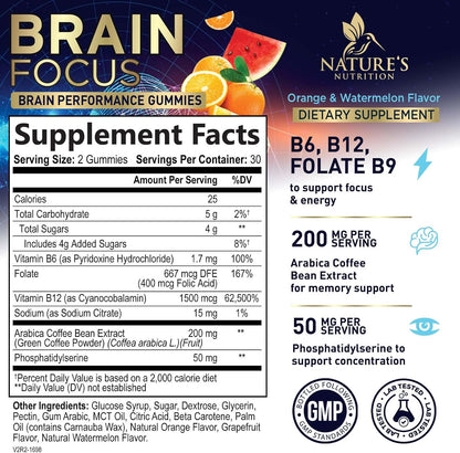 Nature's Nutrition Brain Supplement with Phosphatidylserine – Memory and Focus Gummies, 60 Count