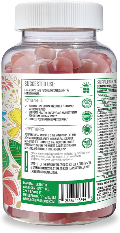 ACTIF Prenatal Probiotic Maximum Strength – 75 Billion CFU, 20 Strains, Immunity & Gut Support, Zero Nausea Gummies, Strawberry, 60 Count