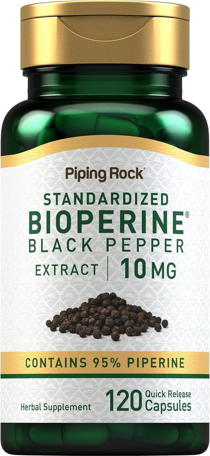 Piping Rock Bioperine Supplement 10mg | 120 Capsules | Black Pepper Extract | 95% Piperine | Gluten-free, Non-GM