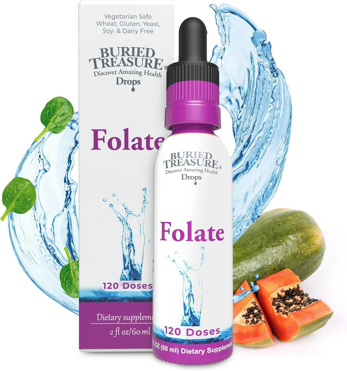 Buried Treasure Folate Drops - Methylated B-9 (Calcium L-5-Methyltetrahydrofolate), 500 mcg, Vegan, 120 Servings - görsel 1