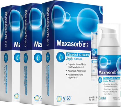 Vita Sciences Maxasorb B12 Vitamin B-12 Cream 1000 mcg – Topical Methylcobalamin for Energy and Skin Health (Pack of 6)