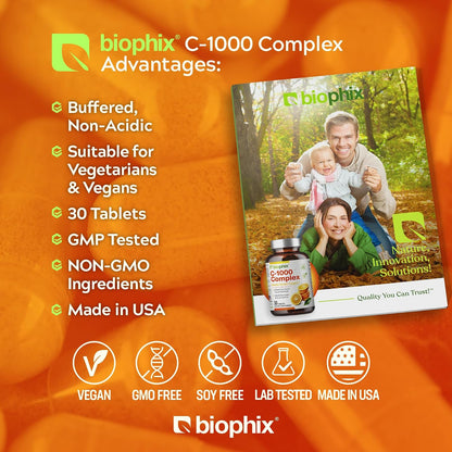 biophix Vitamin C-1000 mg Complex – 30 Tablets – Vegan with Calcium, Citrus Bioflavonoids, Acerola & Rutin – Supports Immune Health
