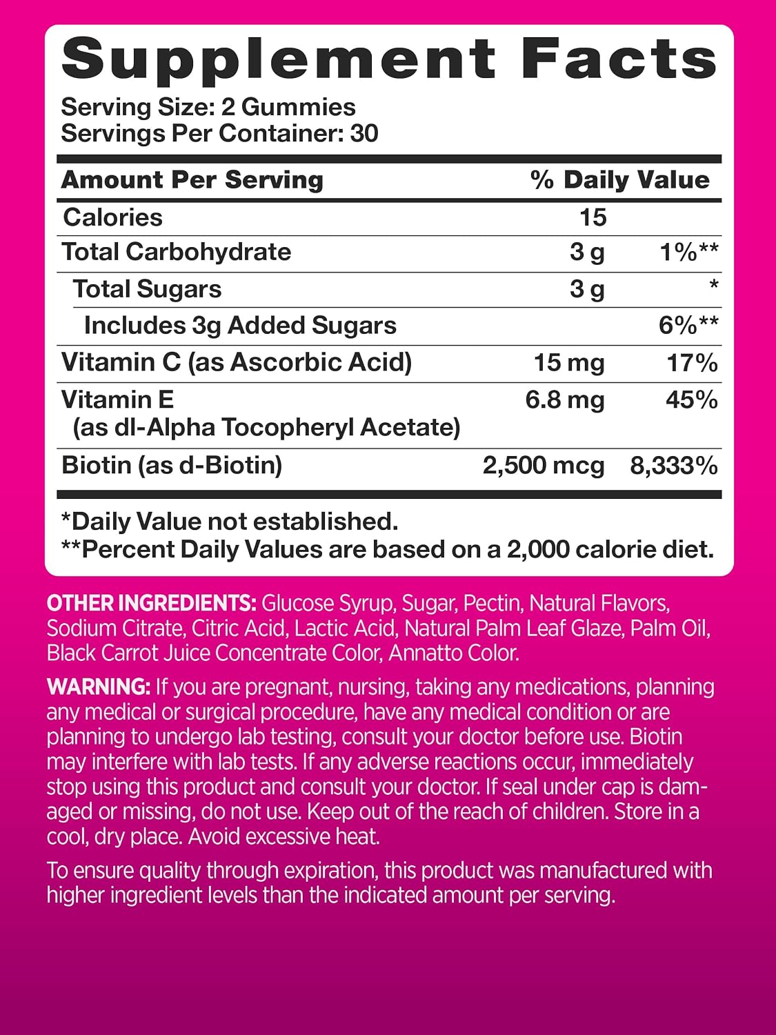 PINK Biotin Gummies for Women – 2,500 mcg – 60 Count – Hair, Skin & Nails Support – Fruit Flavour – Non-GMO & Gluten-free - görsel 2