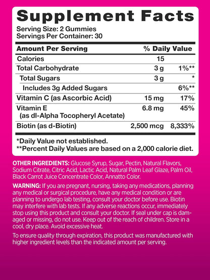 PINK Biotin Gummies for Women – 2,500 mcg – 60 Count – Hair, Skin & Nails Support – Fruit Flavour – Non-GMO & Gluten-free