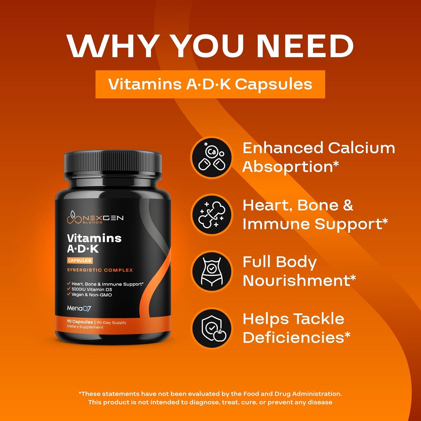 NexGen Blends ADK Vitamin Supplement: Vegan D3 K2 MK7 & A - 5000 IU, 3-Month Supply - görsel 4