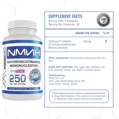 MAAC10 NMNH - NAD+ Booster Food Supplement - 250 mg, 60 Capsules