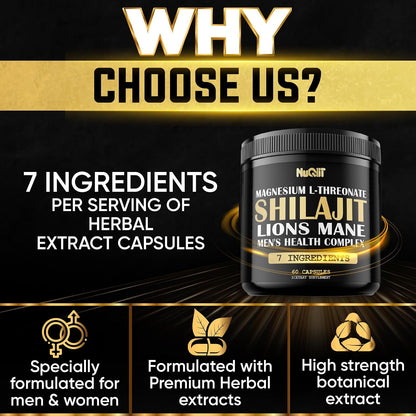 NUQIIT Shilajit Men’s Health Complex with Magnesium, Lion’s Mane, Ashwagandha and Maca Root – 60 Vegan Capsules