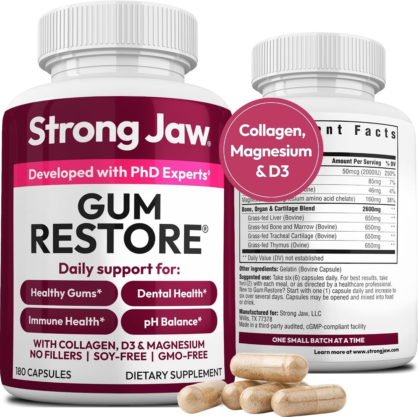 Strong Jaw Gum Restore – Gum Support for Receding Gums, Magnesium for Teeth, 180 Capsules - görsel 1