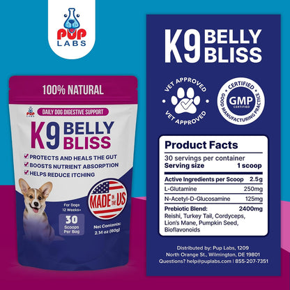 K9 Belly Bliss, All-Natural Gut Health Prebiotic for Dogs, Vet-Approved Daily Digestive Support, 30 Scoops