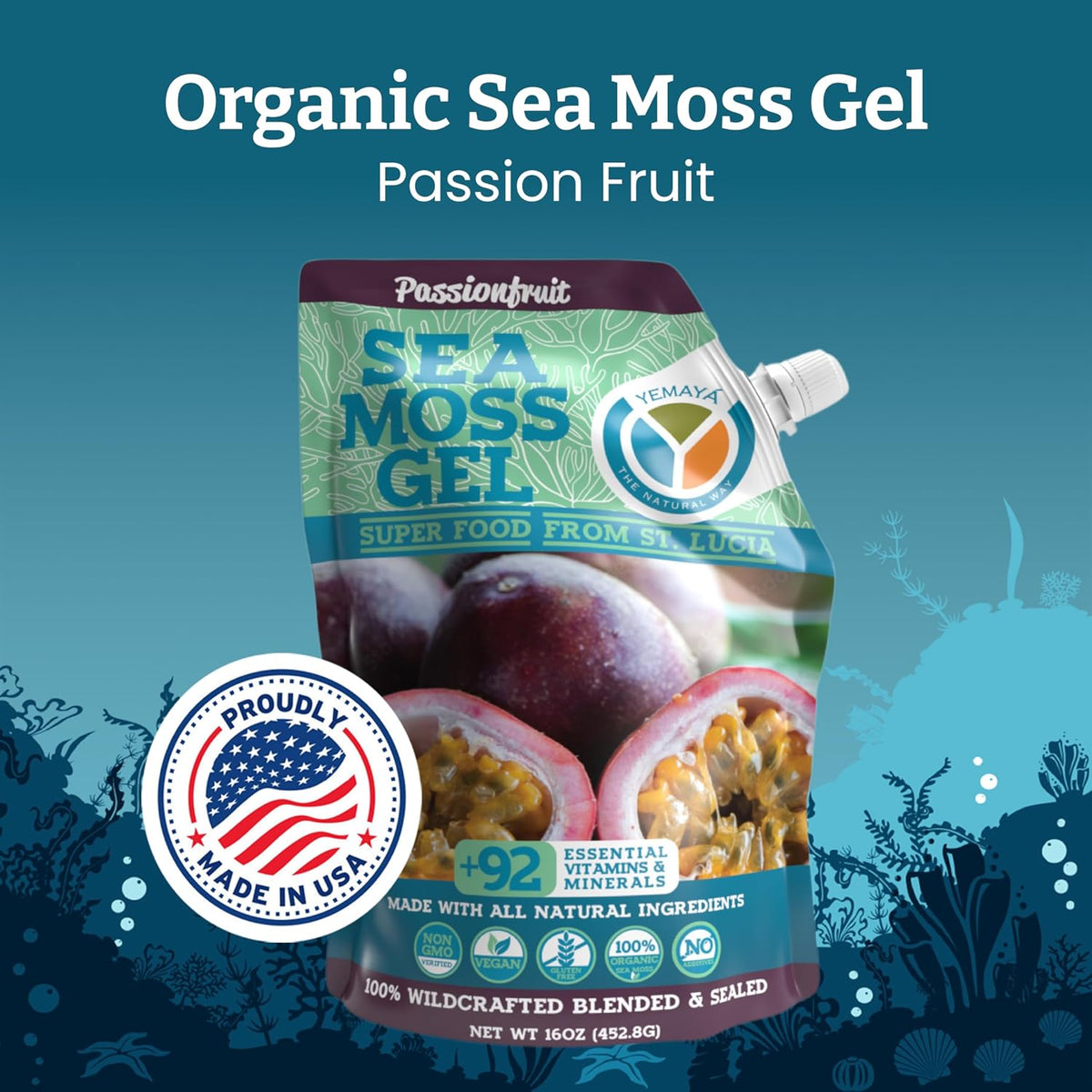 Yemayá Organic Sea Moss Gel - Wildcrafted Raw with Real Fruit, 454g, Passion Fruit - görsel 2