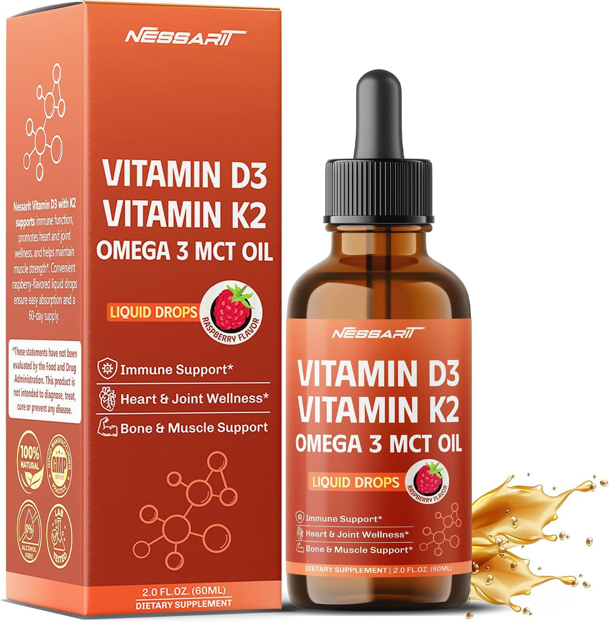 Vitamin D3 10,000 IU & K2 150mcg Liquid Drops with Omega-3 MCT Oil – Immune Support, Heart & Joint Health, Bone & Muscle Support – Raspberry Flavour – 60ml - görsel 1